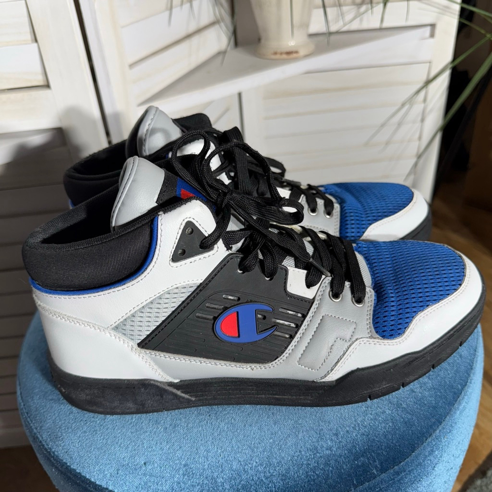 Champion Mens 3 on 3 Block Mid Top Sneaker Black Red White Blue 11